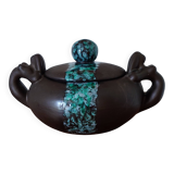 Vintage modernist soup tureen from the 60s-70s, matte brown ceramic and green glaze.