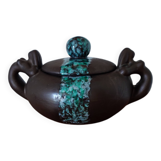 Vintage modernist soup tureen from the 60s-70s, matte brown ceramic and green glaze.