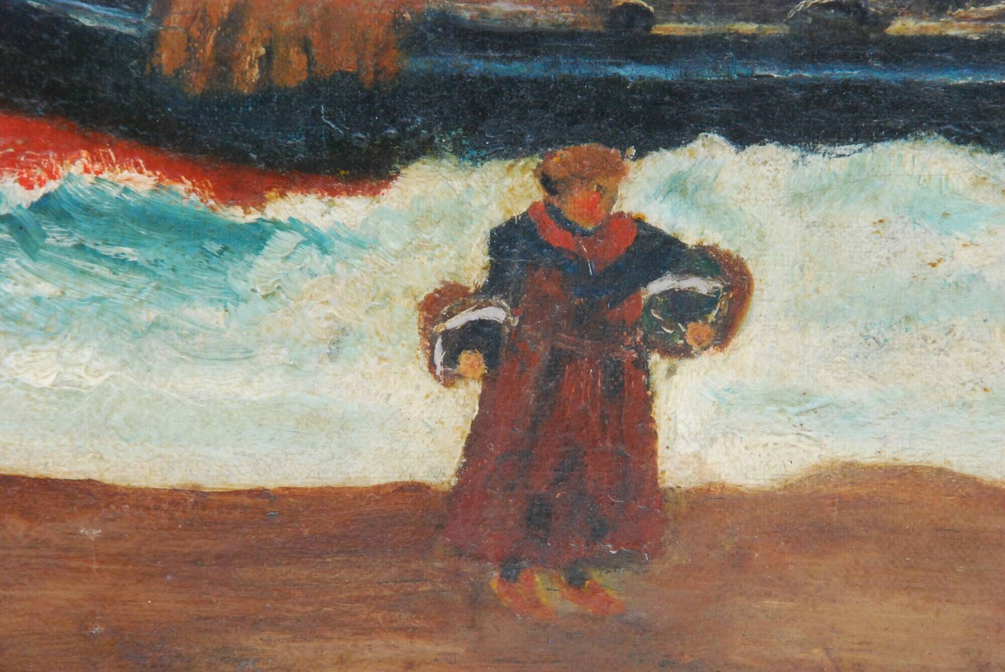 Old painting seaside view boats and fishermen