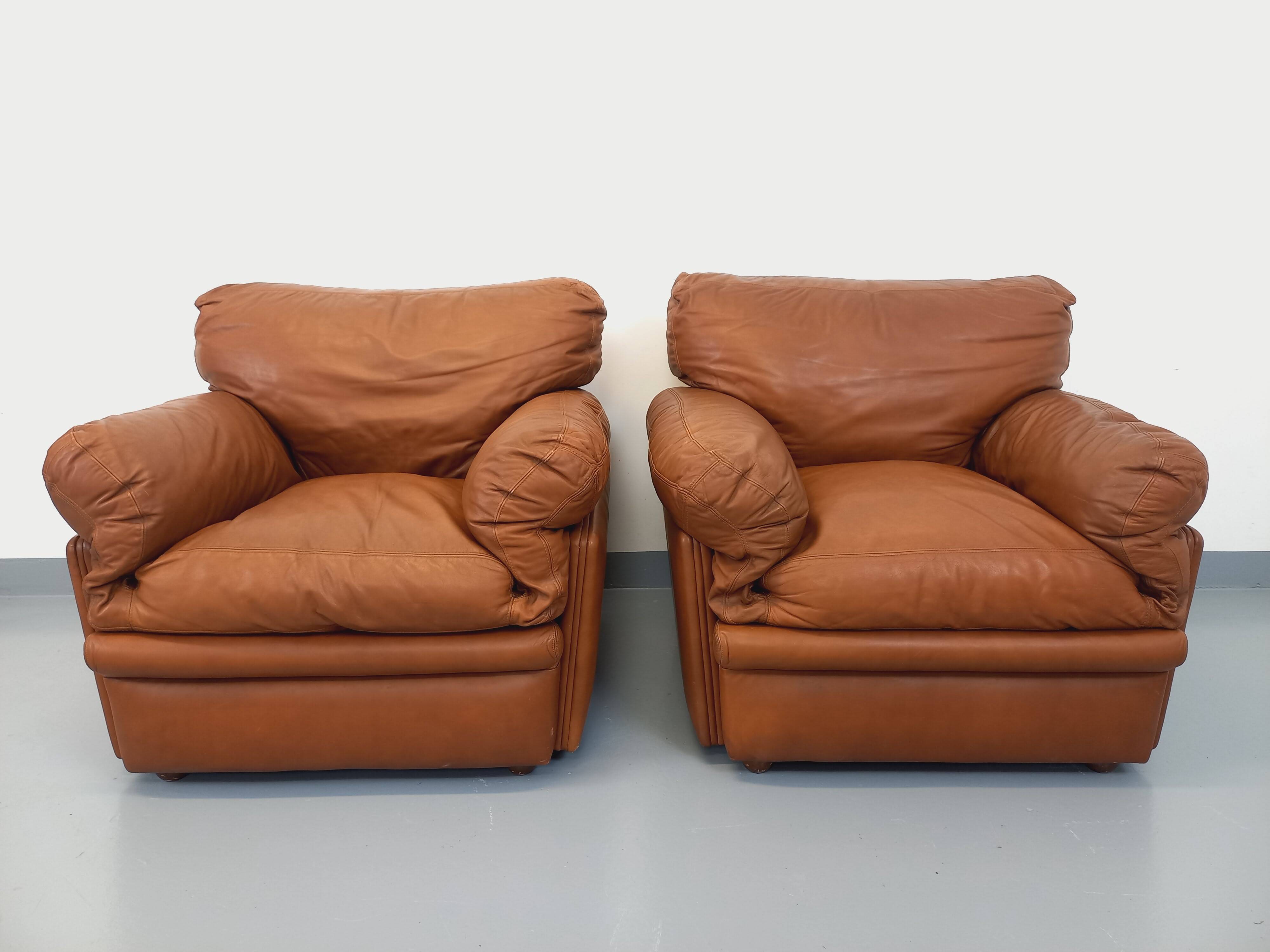 Pair of vintage Coquelicot lounge chairs by Tito Agnoli for Poltrona Frau in leather from the 70s
