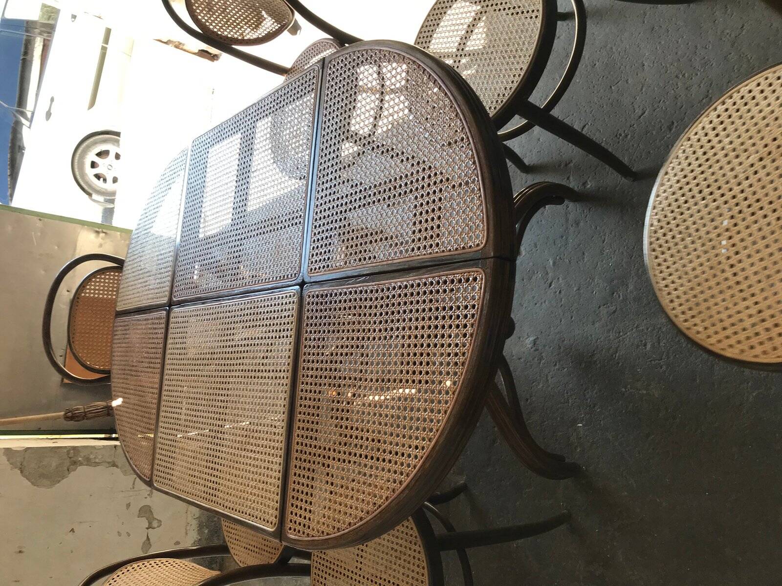 Brown Scandinavian wooden and cane set: 1960s table + 6 chairs (set of 7)