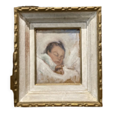 Tableau ancien, portrait bébé endormi, art nouveau