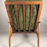 Fauteuil scandinave – revêtement vert, bois de hêtre, vintage