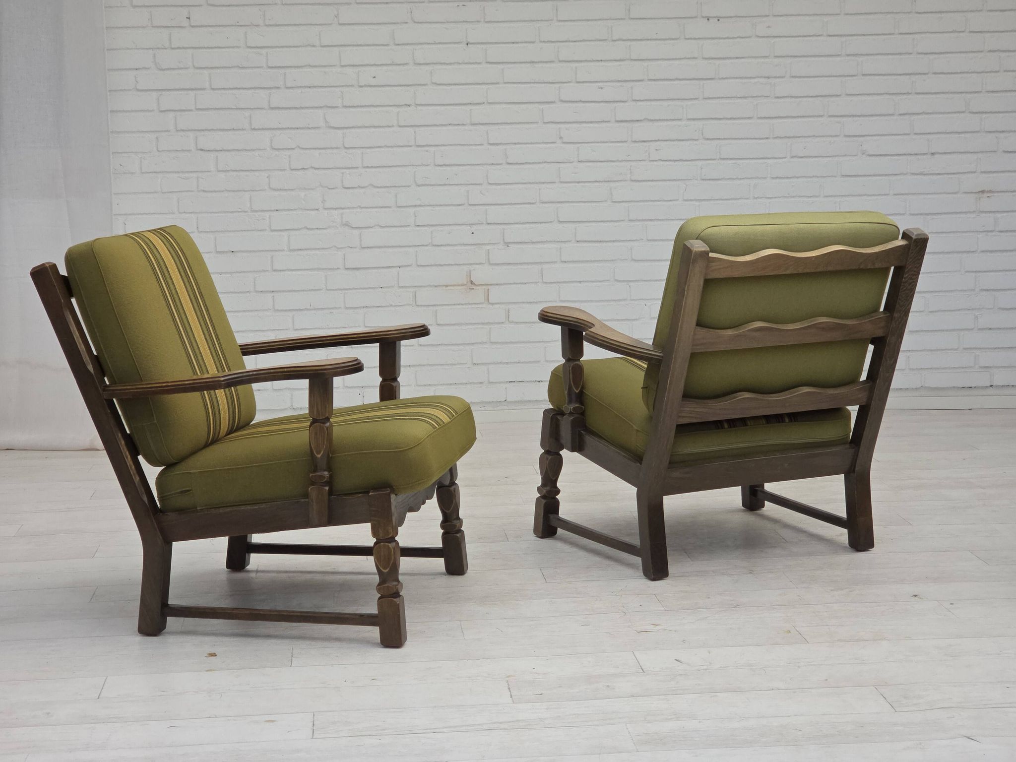 1970s, pair of Danish armchairs, original green furniture wool, oak wood.