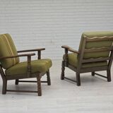 1970s, pair of Danish armchairs, original green furniture wool, oak wood.