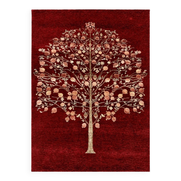 Hand-Knotted Red Area Rug with Botanical Tree Design for Living Room