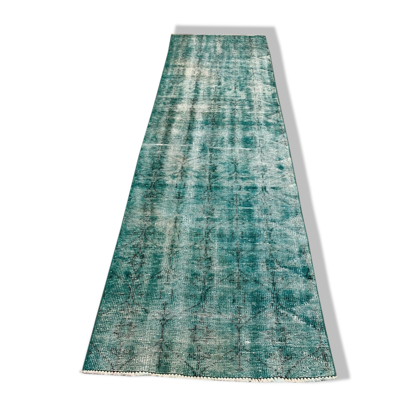 Distressed Turkish Narrow Runner 282x88 cm wool Vintage rug, Overdyed Blue