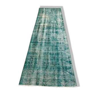 Distressed Turkish Narrow Runner 282x88 cm wool Vintage rug, Overdyed Blue