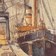 "Quai à Bruxelles" by Emile Lhernault, Tableau Aquarelle Marine, Halage et Chevaux de Trait ca 1910