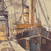 "Quai à Bruxelles" by Emile Lhernault, Tableau Aquarelle Marine, Halage et Chevaux de Trait ca 1910