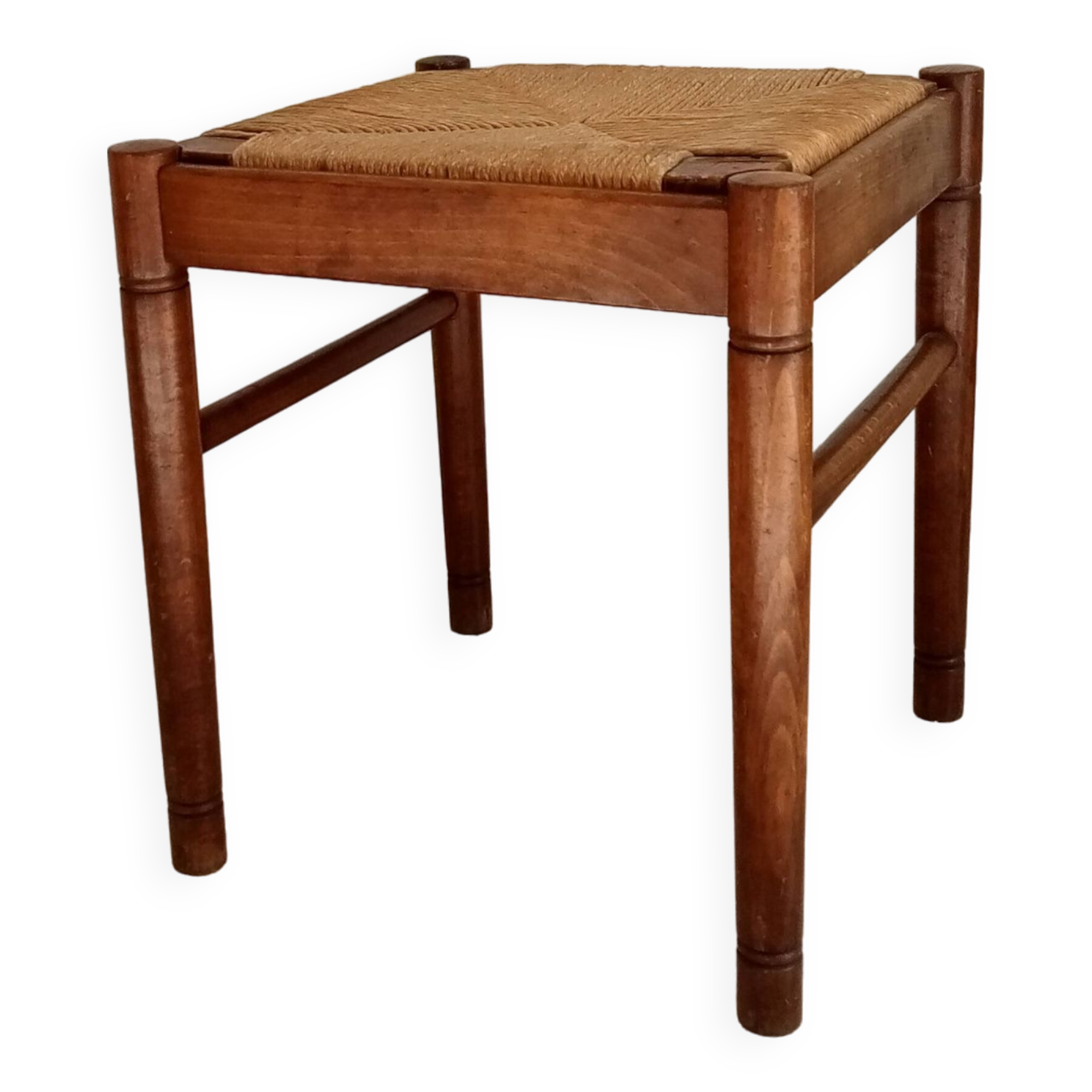 Vintage straw stool in cherry wood 70s/80s