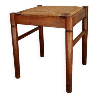 Tabouret paillé vintage en merisier années 70/80