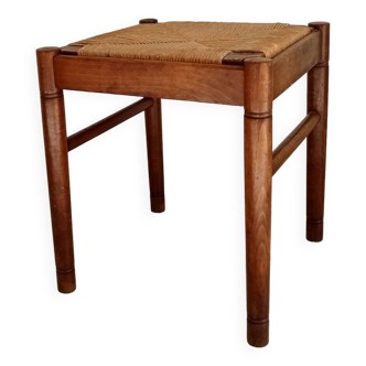 Vintage straw stool in cherry wood 70s/80s