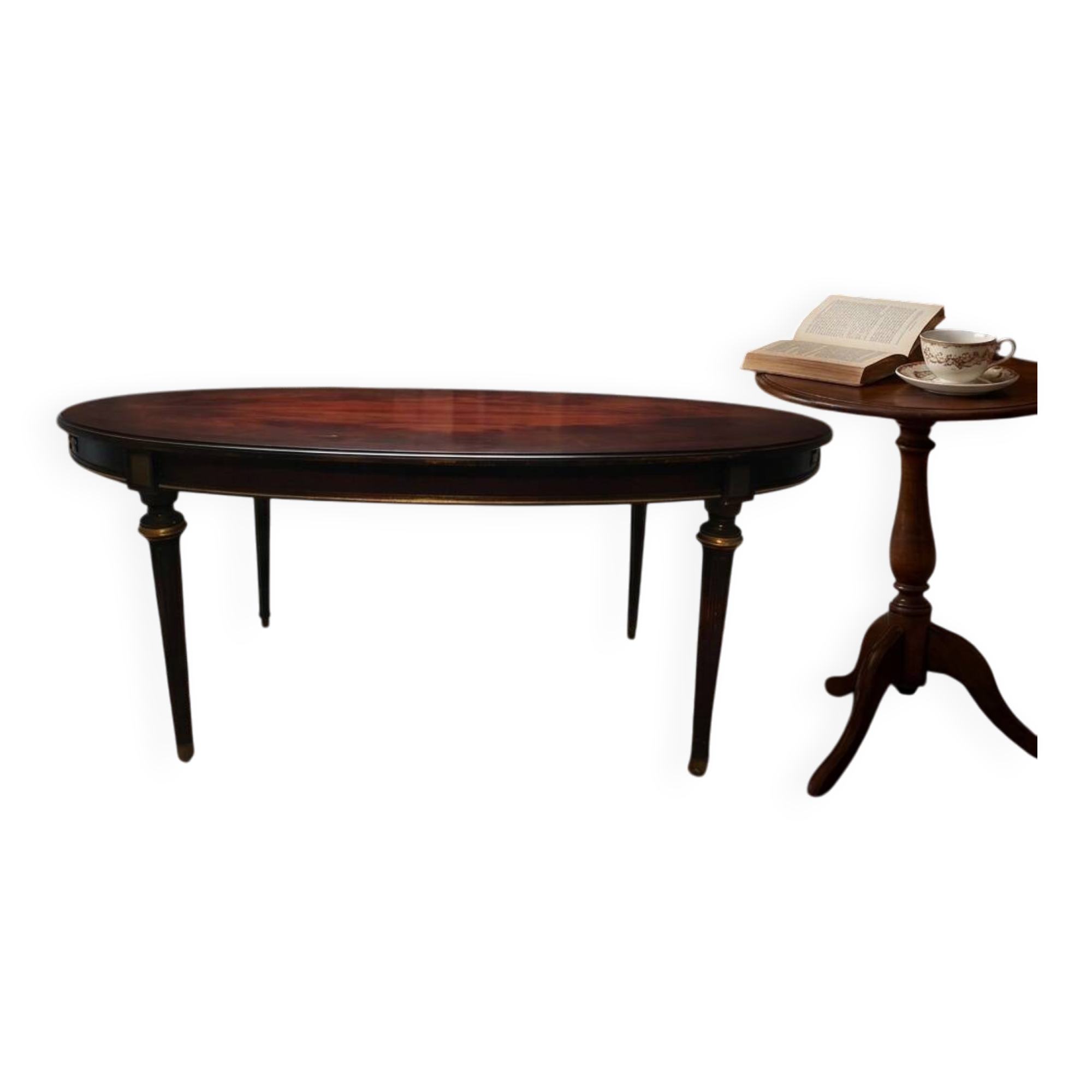 Oval Louis XVI style table with half-moon extensions.