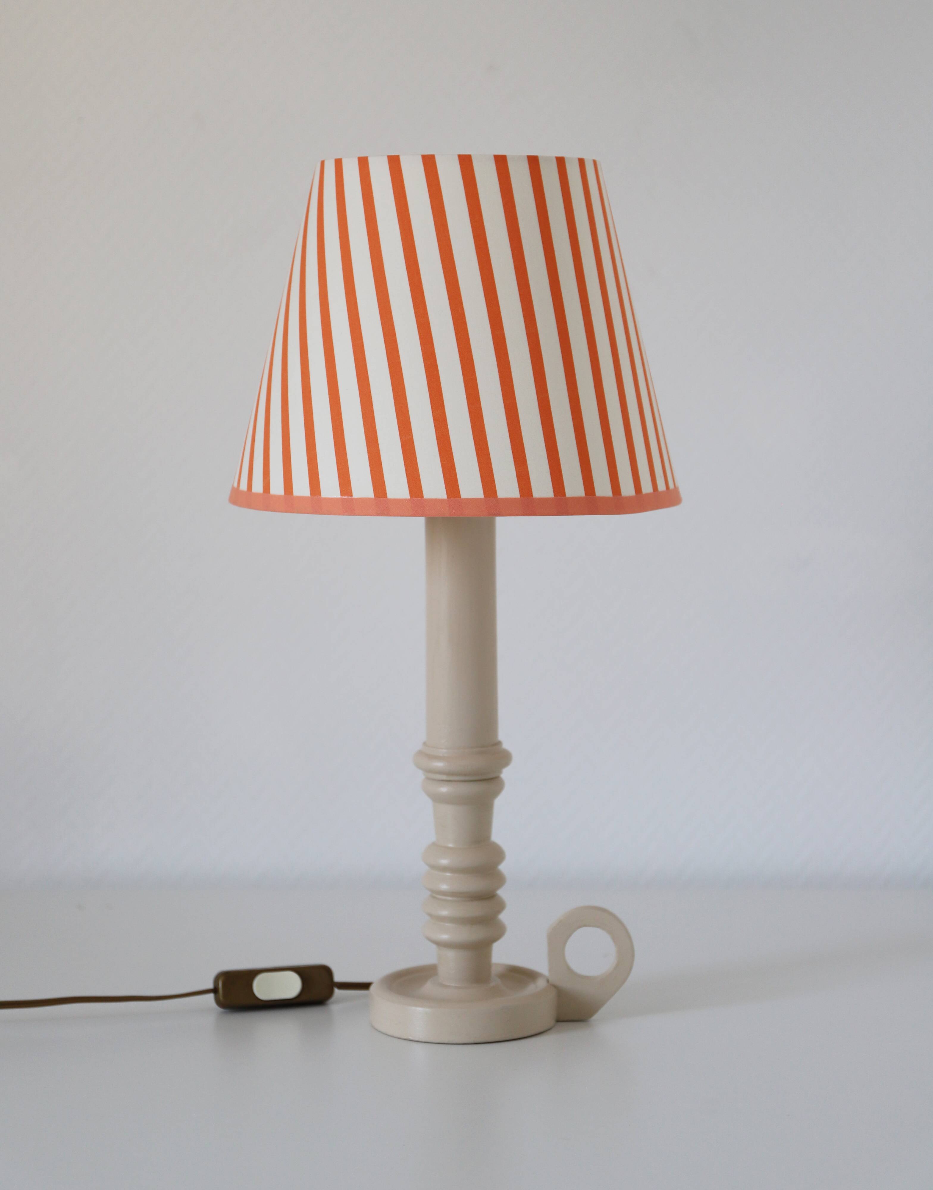 Lampe bougeoir, Pied bois tourné Ancien & Abat-jour Rayé