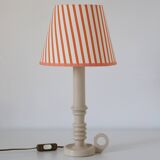 Candlestick lamp, Antique turned wooden base & Striped lampshade