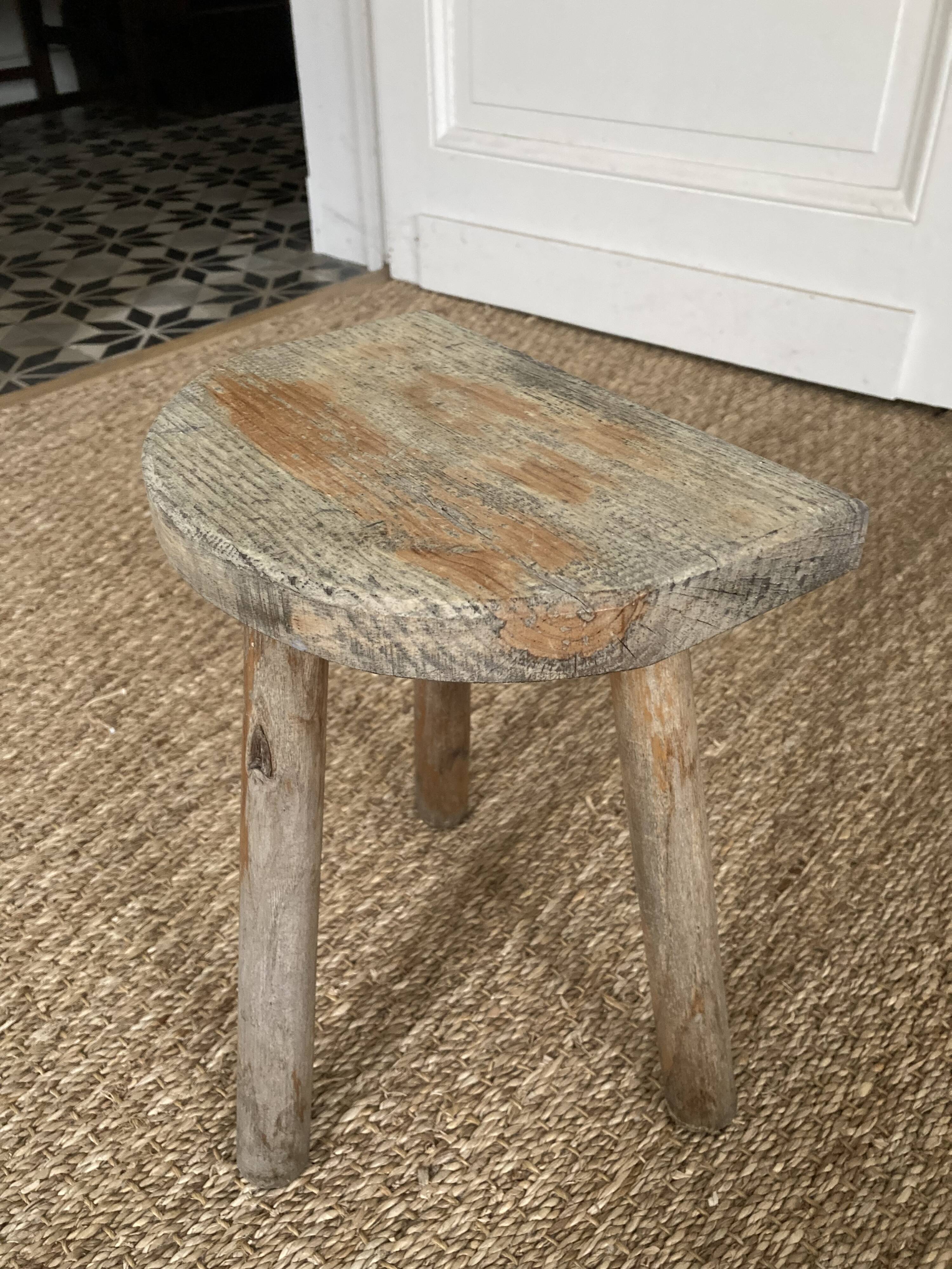Antique brutalist wooden tripod stool