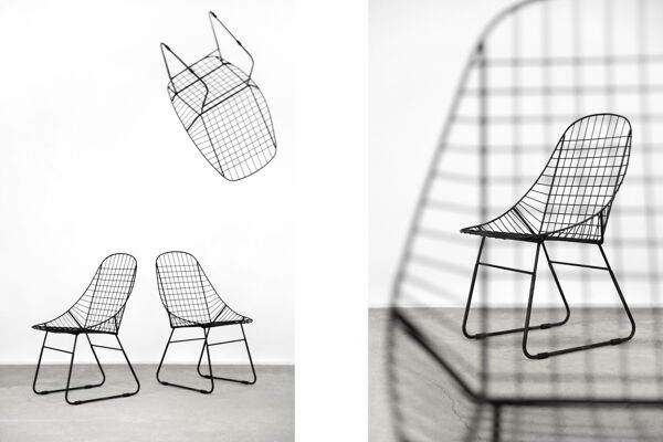Chaise prototype originale vintage scandinave moderne du milieu du siècle en fil noir minimaliste, années 1960, ensemble de 2