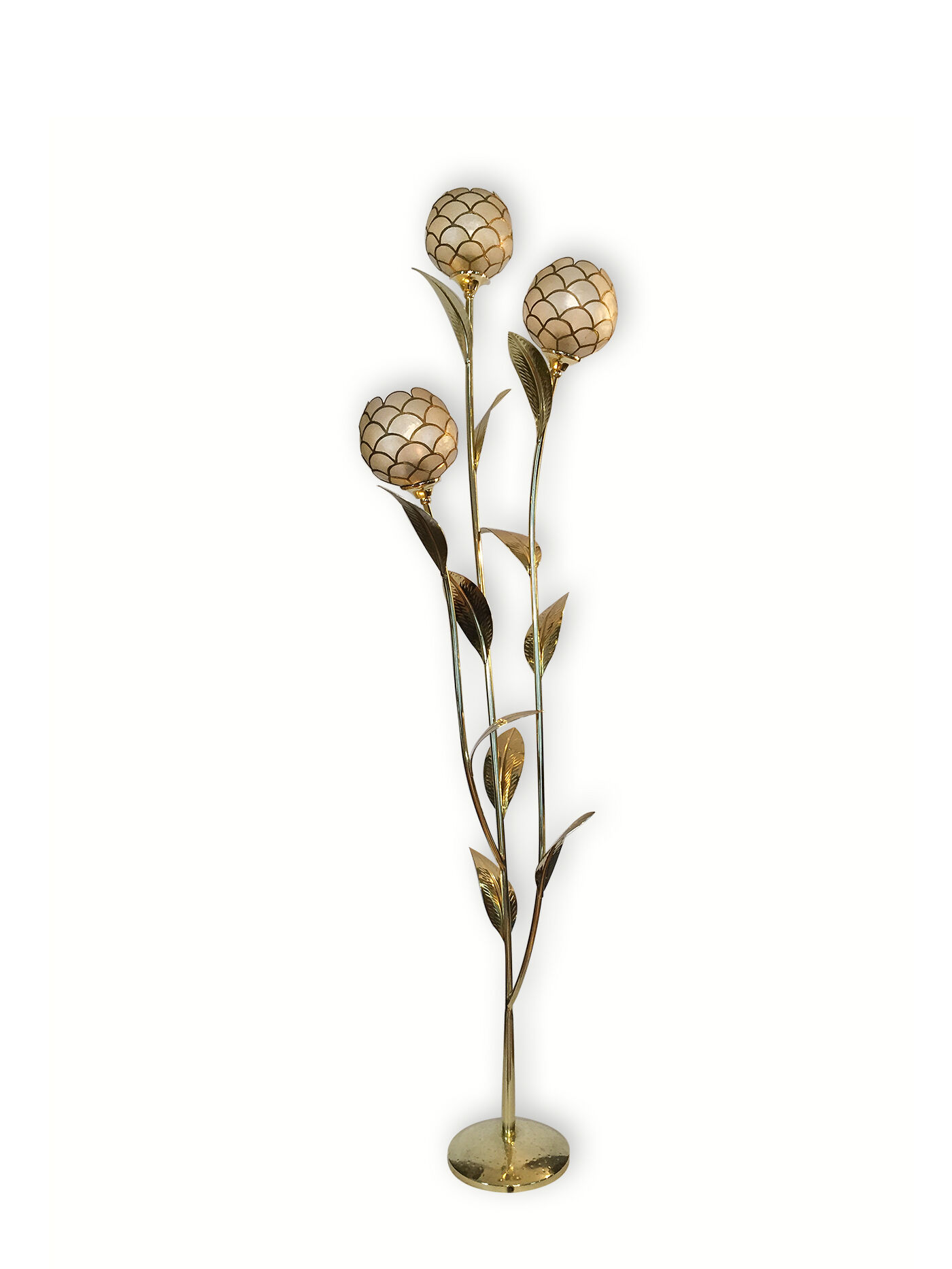 Lampadaire palmier floral laiton et nacre de capiz 1970
