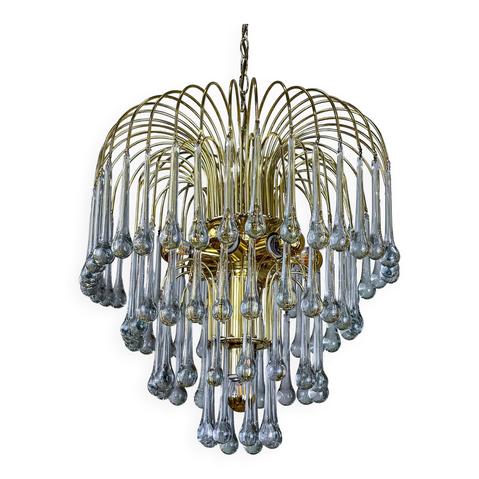 Lustre en forme de goutte d'eau à quatre niveaux par Venini, en verre de Murano, Italie, années 1970.