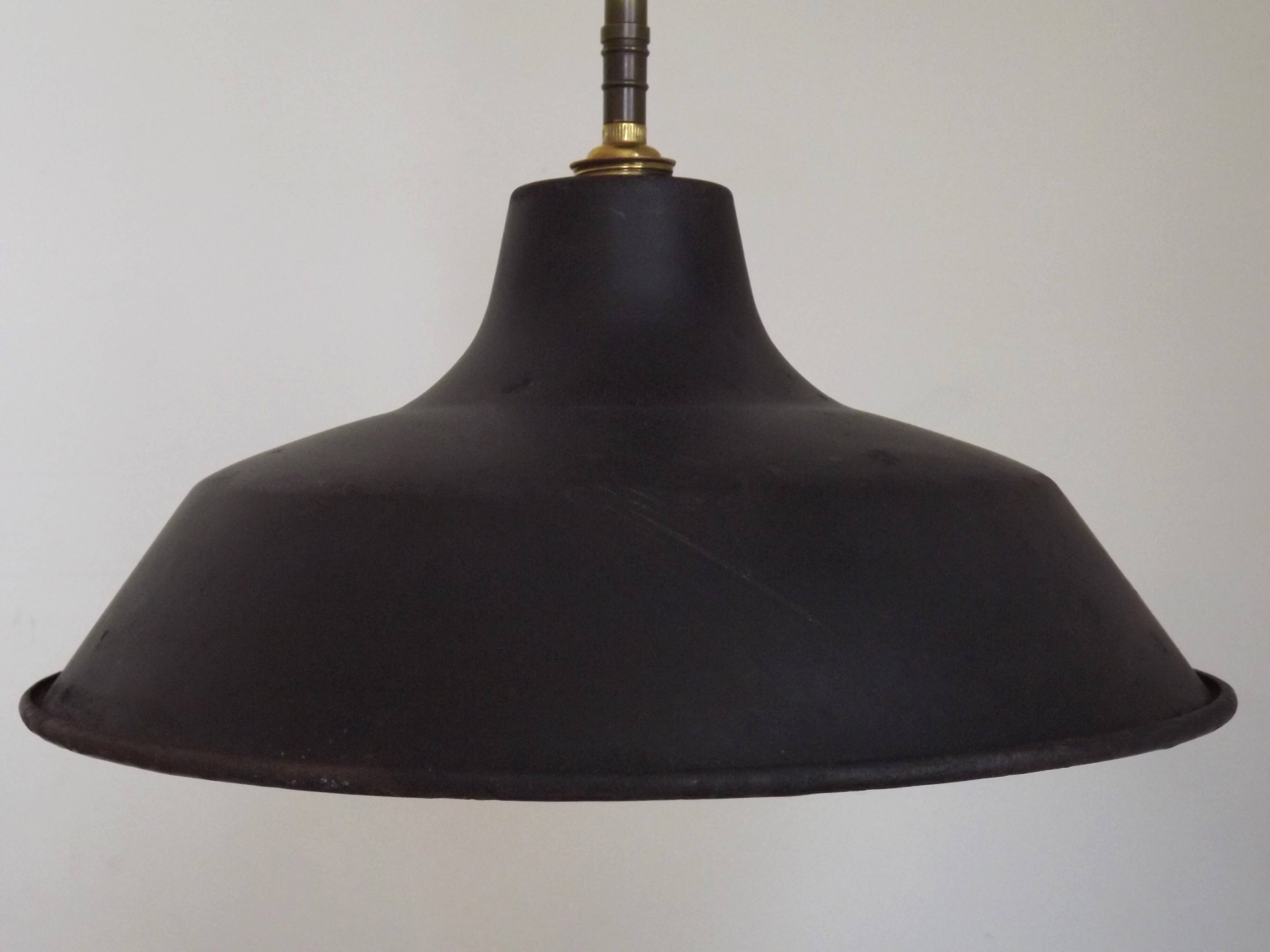French Vintage 1950s Industrial Light In Black Metal White Enamal & Brass
