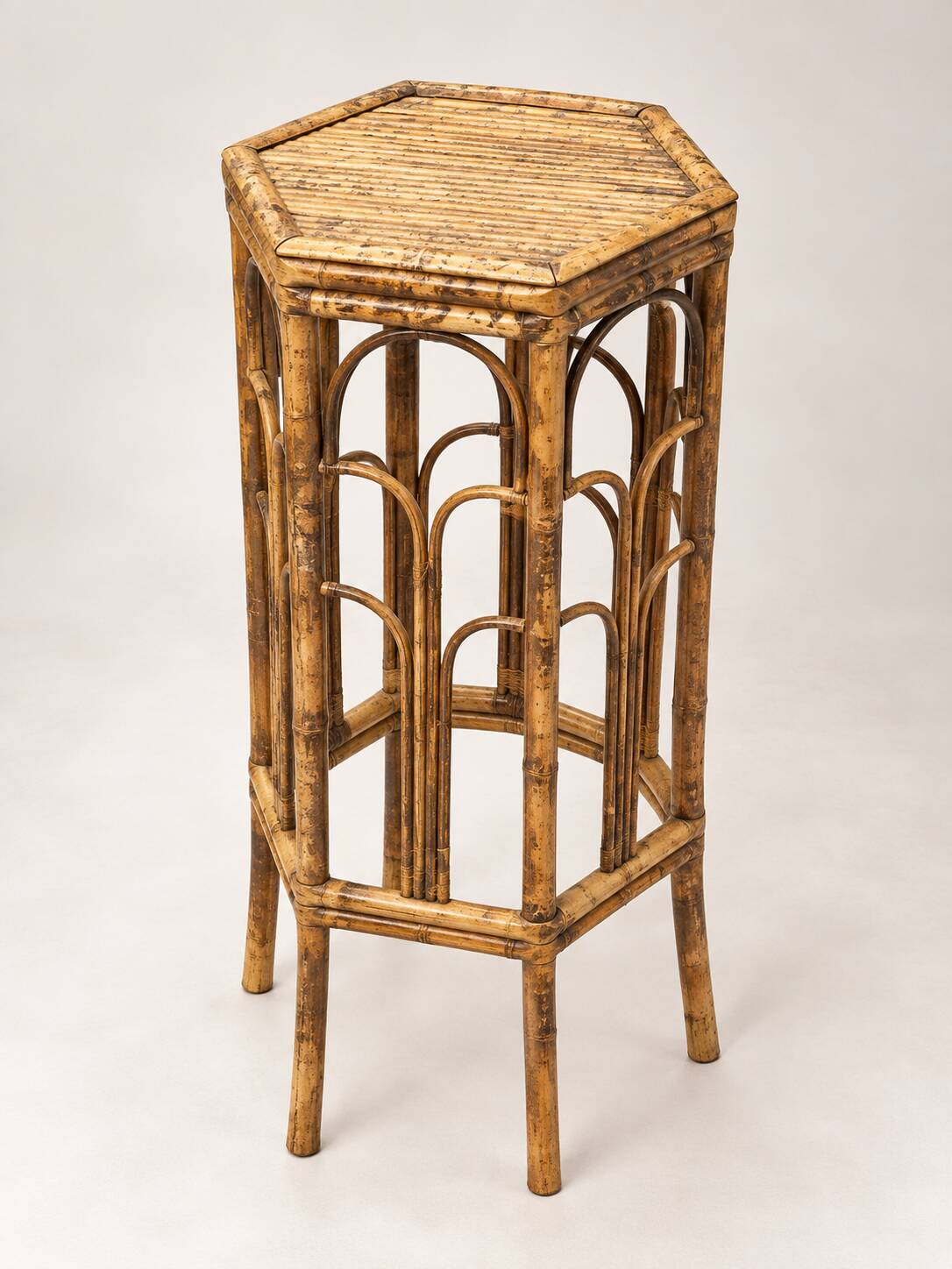 Antique bamboo and rattan stool – hexagonal shape