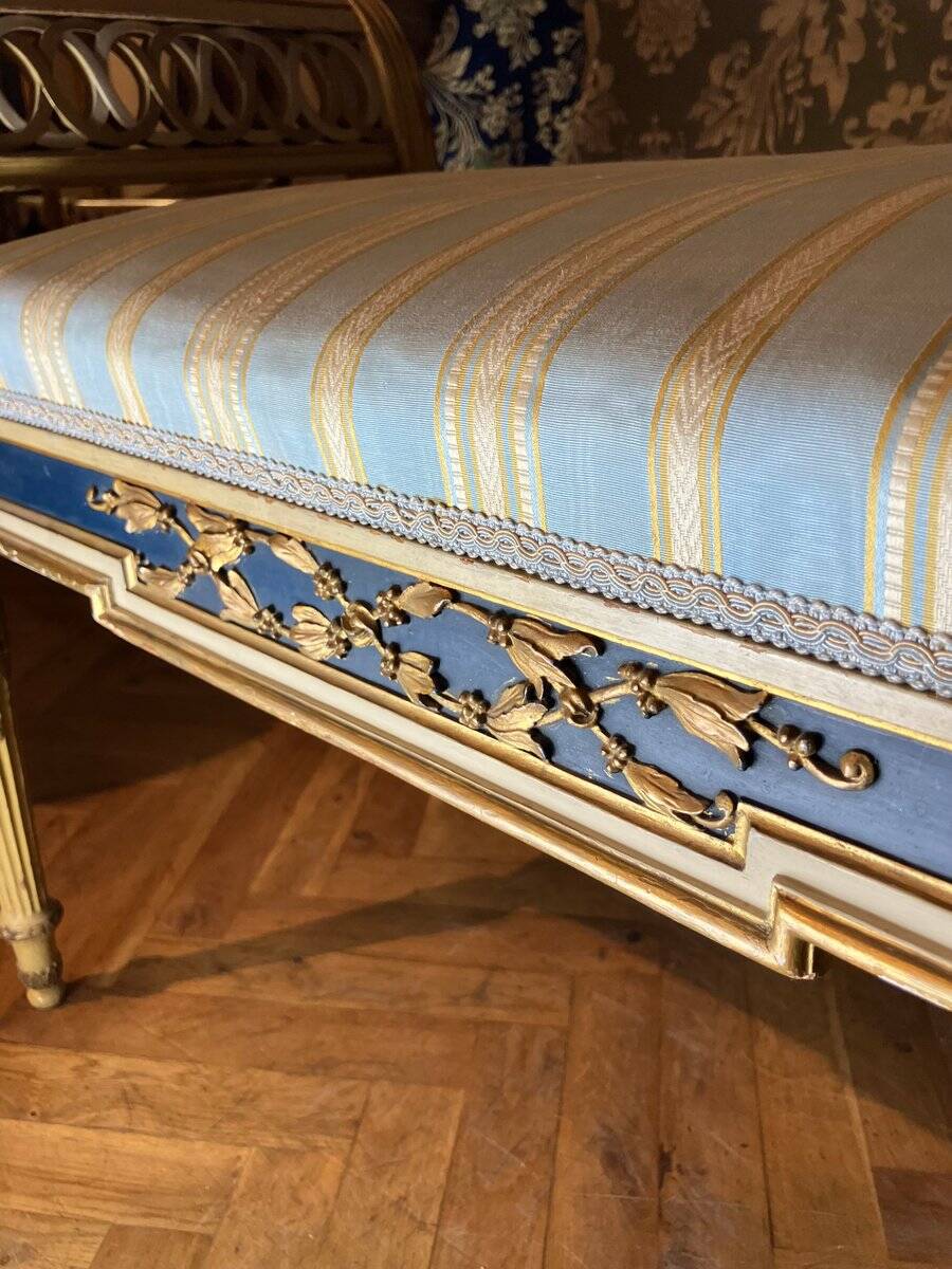 Set of Louis XVI Parcel Gilt Benches in Cream and Blue Lacquer