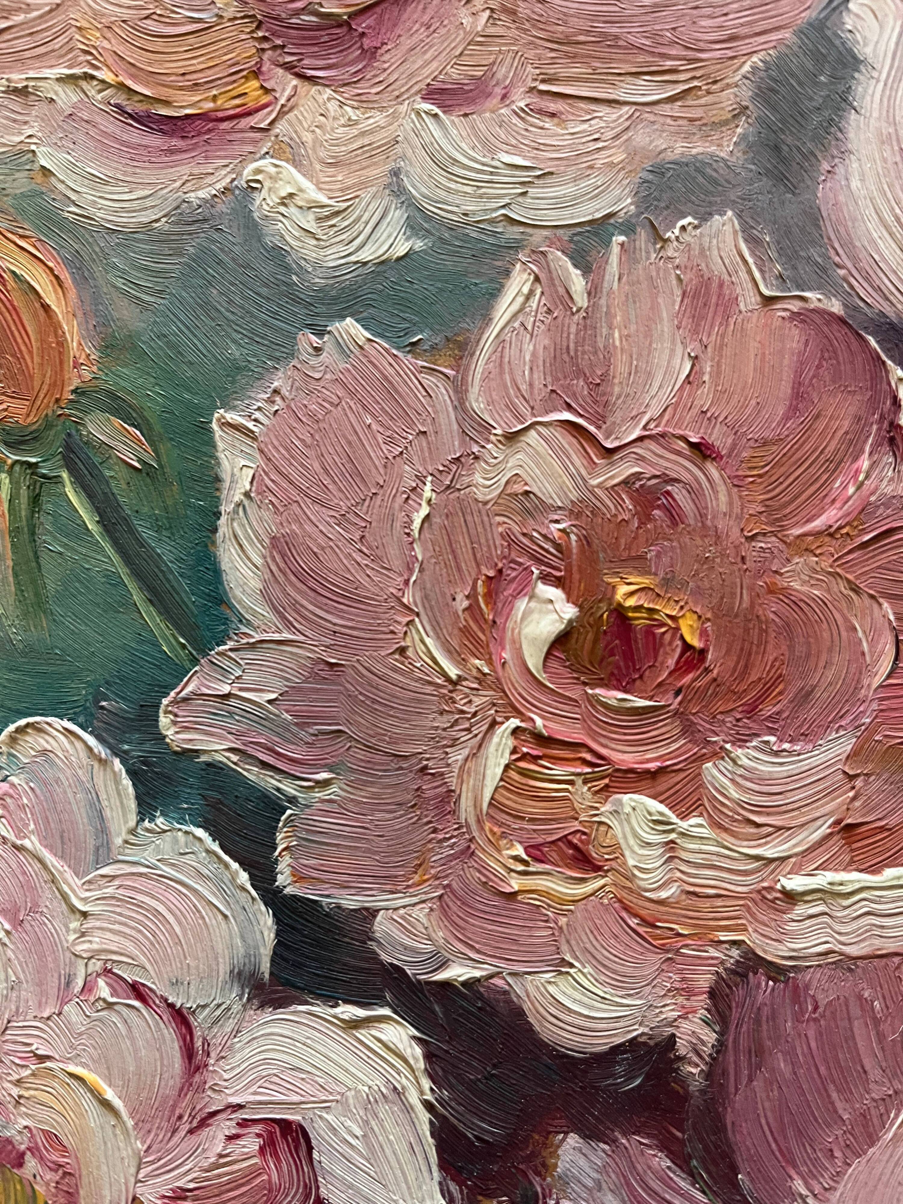 HSP Garden Roses painting signed Madeleine Bruno Derepas + frame