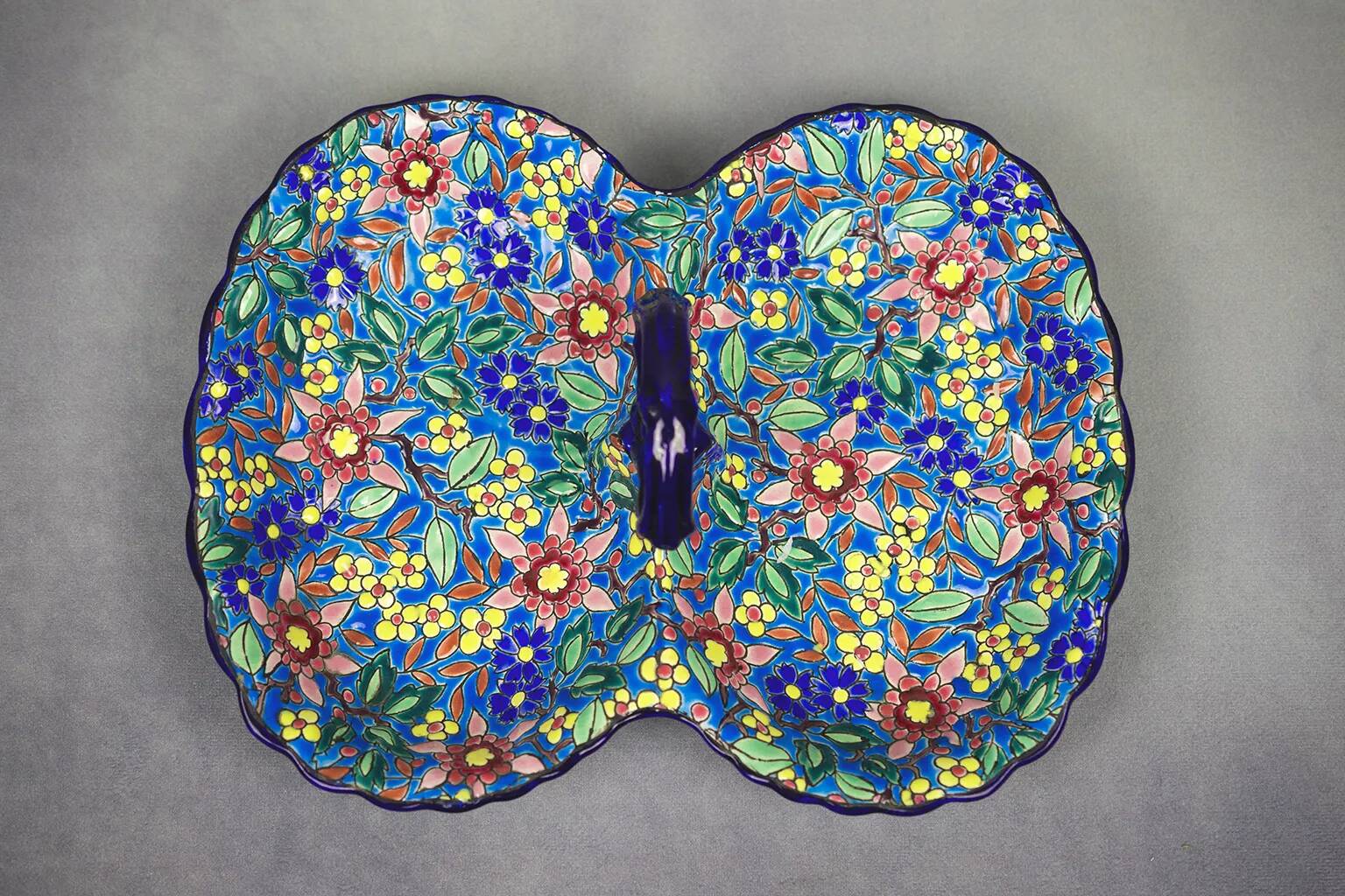 Beggar / servant in Longwy earthenware – floral decoration, 1950s