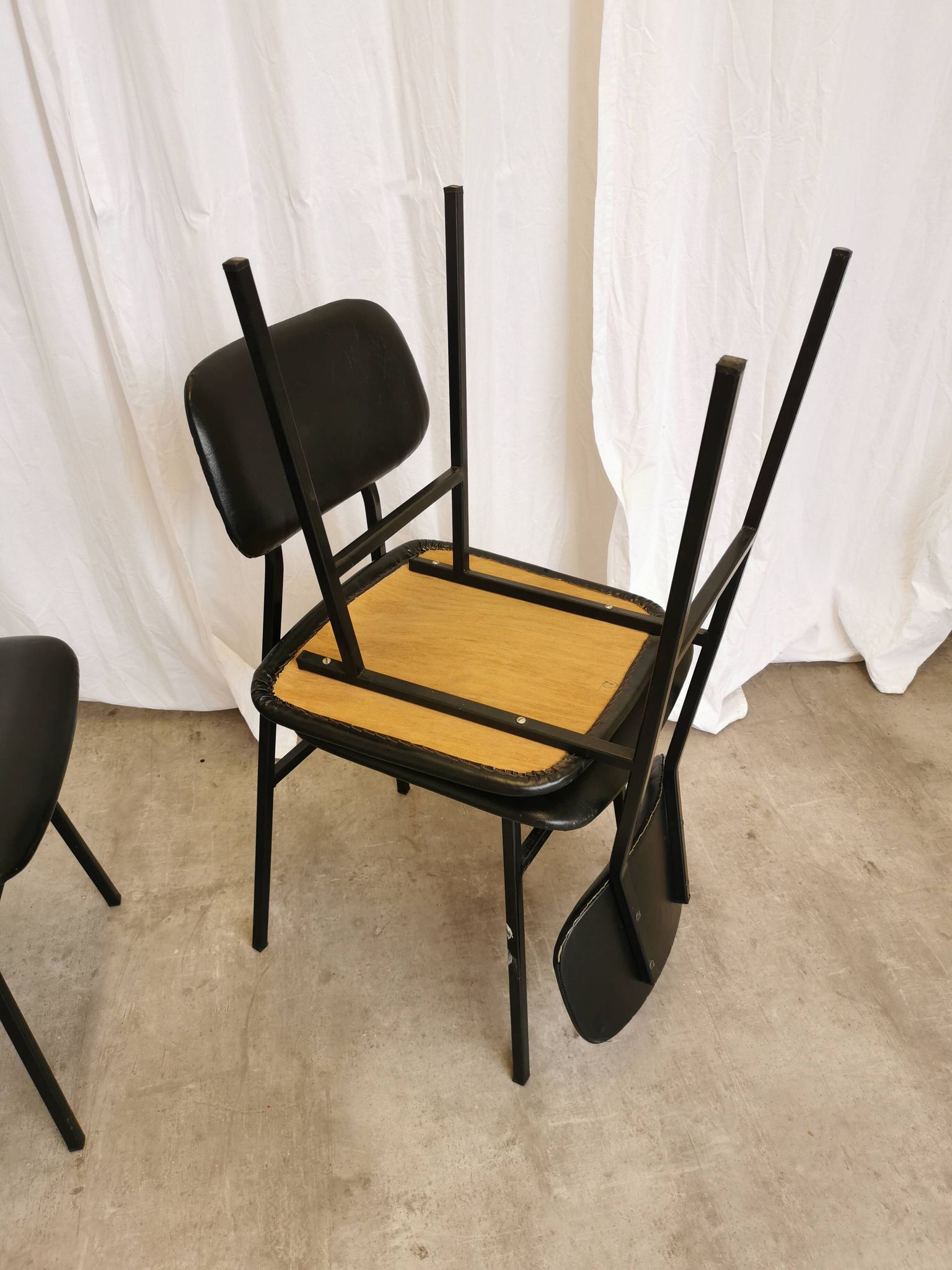 SET of 4 Vintage School Chairs /Black Leather / STOL Kamnik 80s Yugoslavia