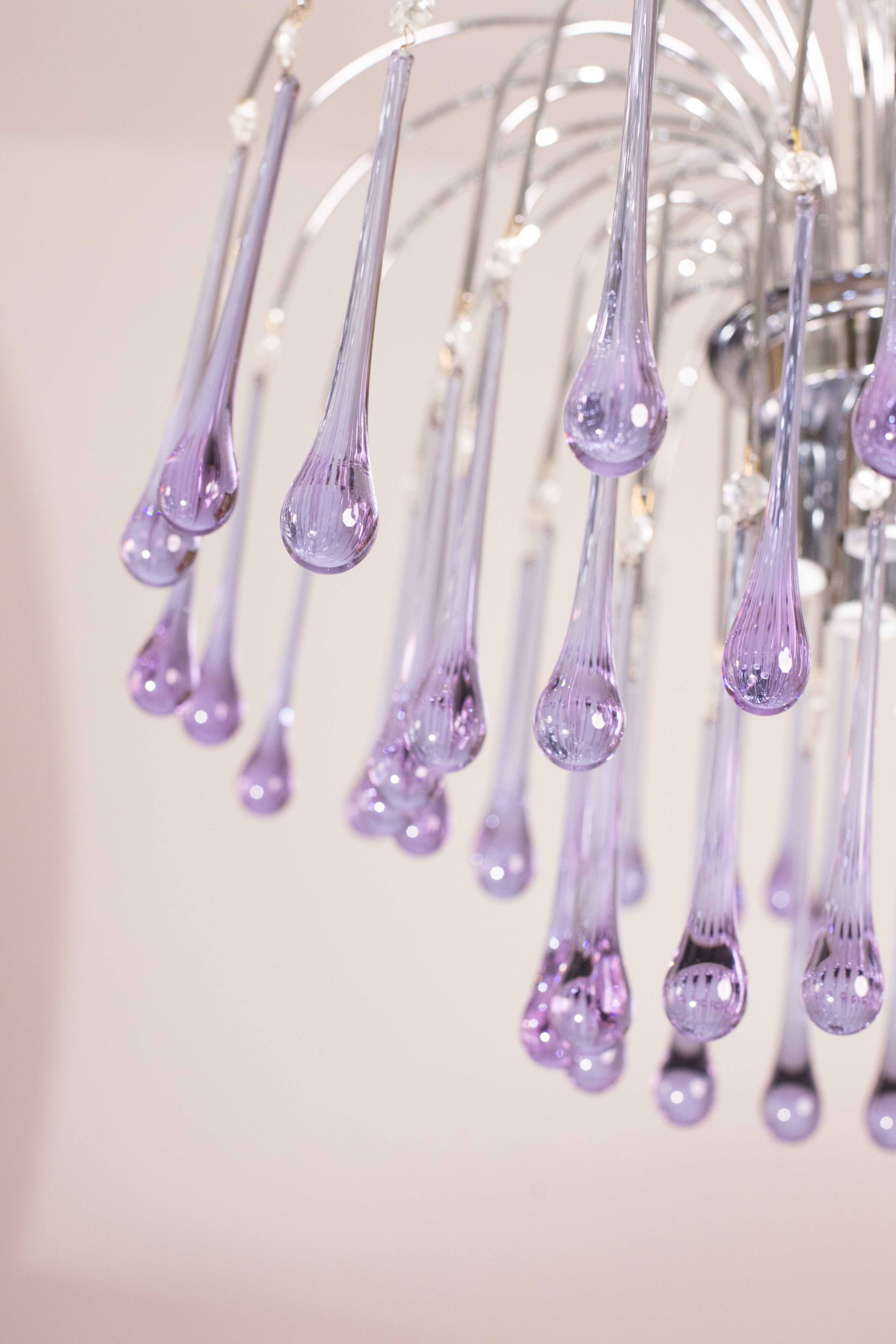 The Purple Crown, LArge Size Murano Chandelier Purple and Crystal Drops, 19
