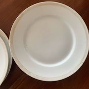 Lot of six flat plates, crockery, old white, gilded