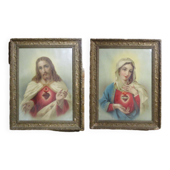 Set of two chromo-lithographs Sacred Heart Jesus Immaculate Heart Mary