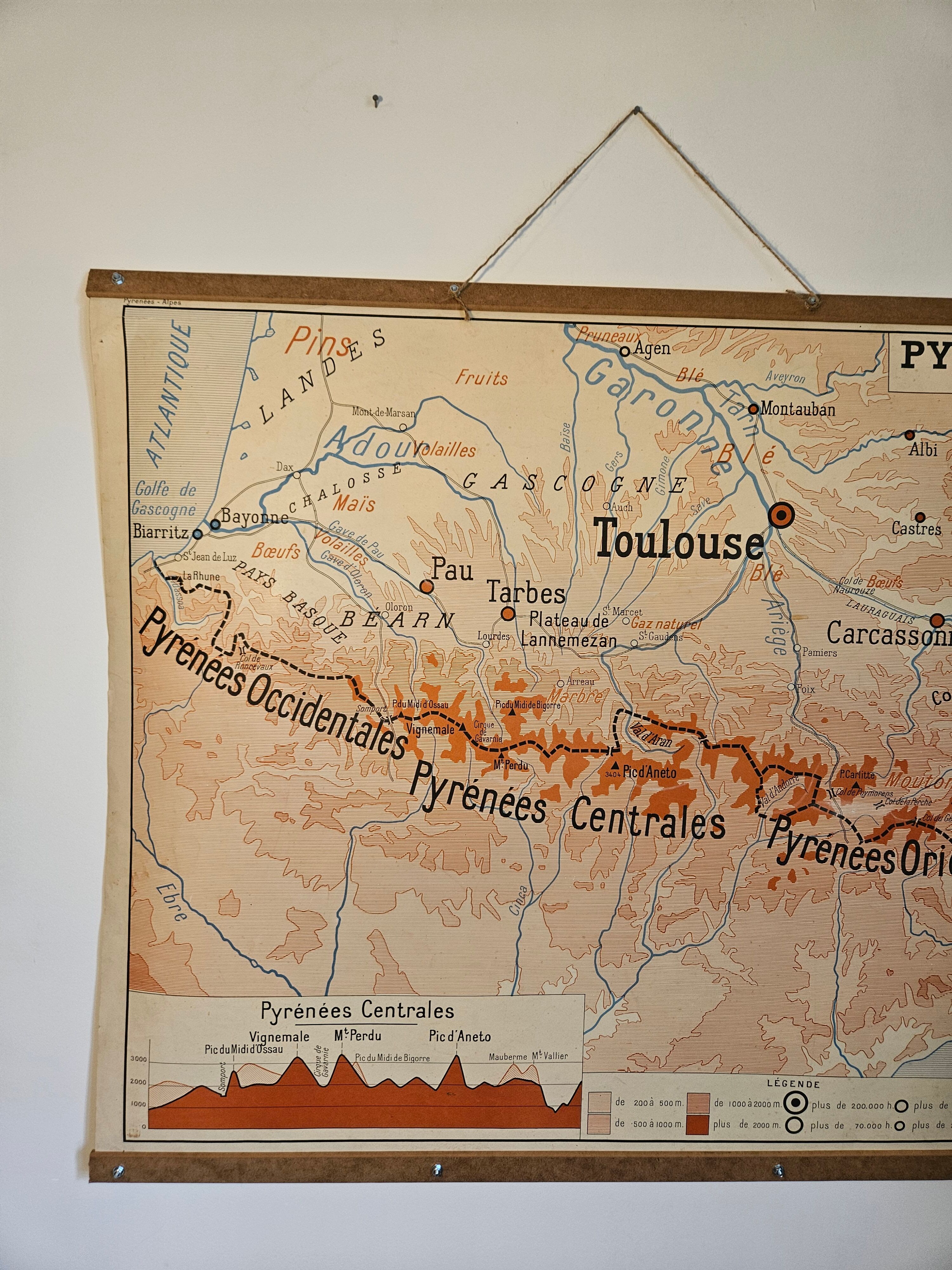 Old school map of geography 1960 Pyrenees and the Alps
