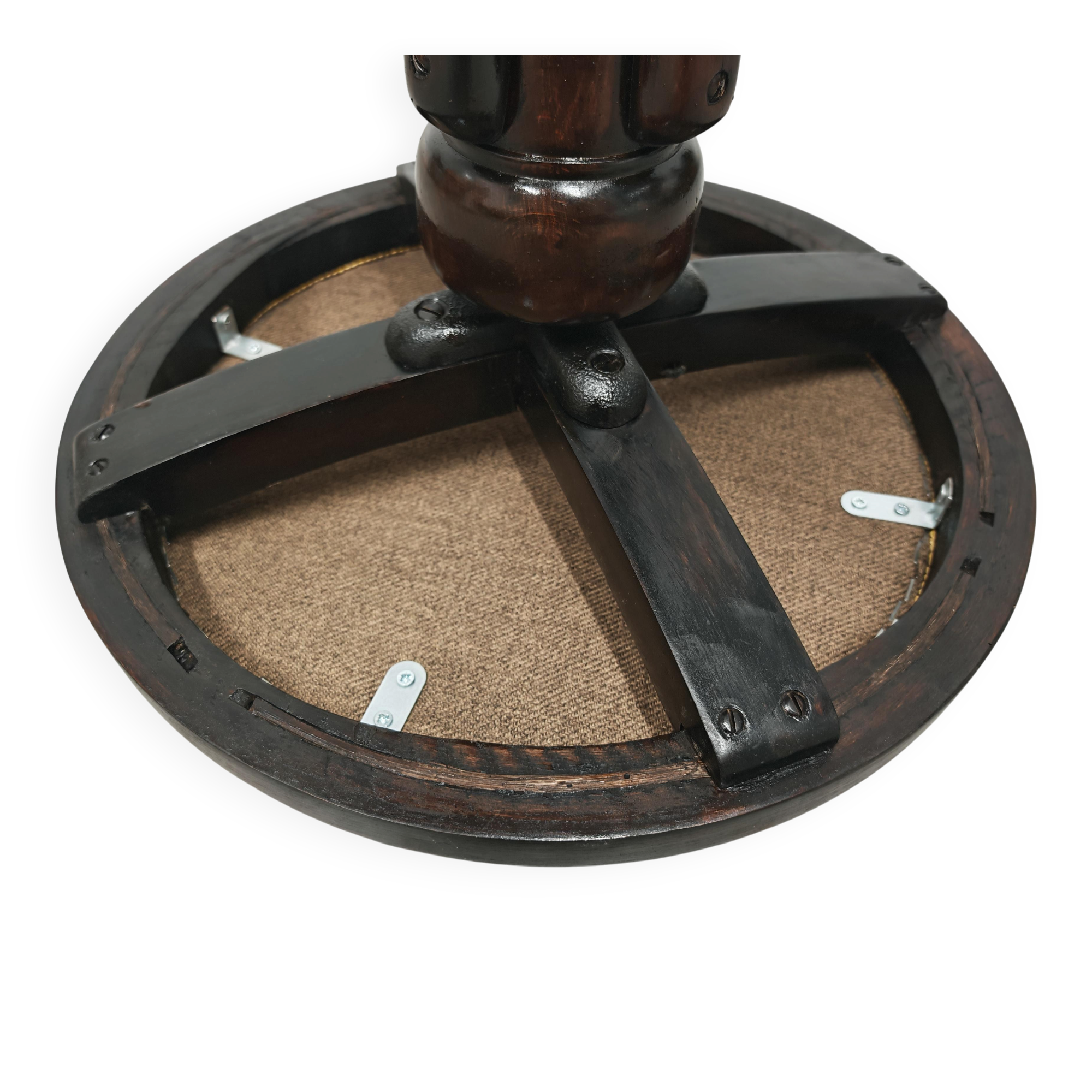 Antique curved wooden piano stool with kilim fabric from the 1910s.
