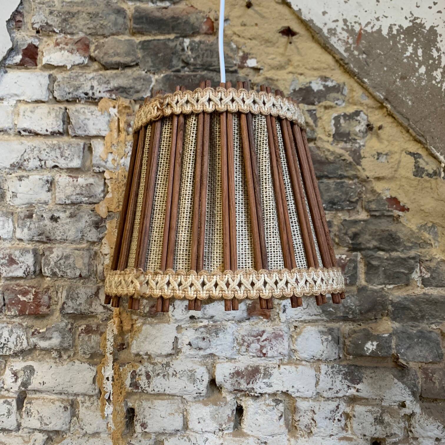 Vintage Scandinavian pendant light (1960s) in wood and linen