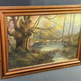 Tableau pastel fin XIXe signé A. Leroumeau aux vaches près de l'étang