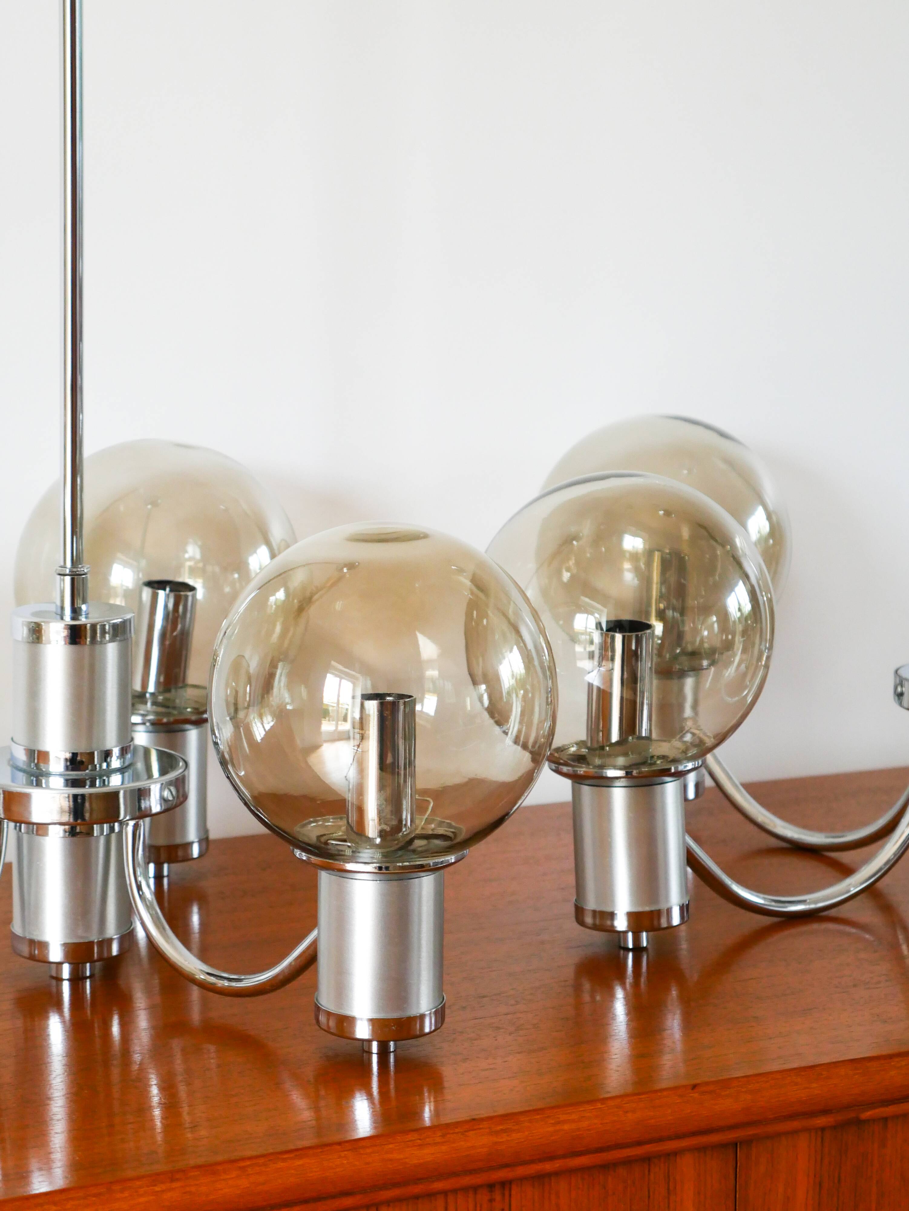 Three-branched chandelier, in chrome and smoked glass globes, Design, 1970