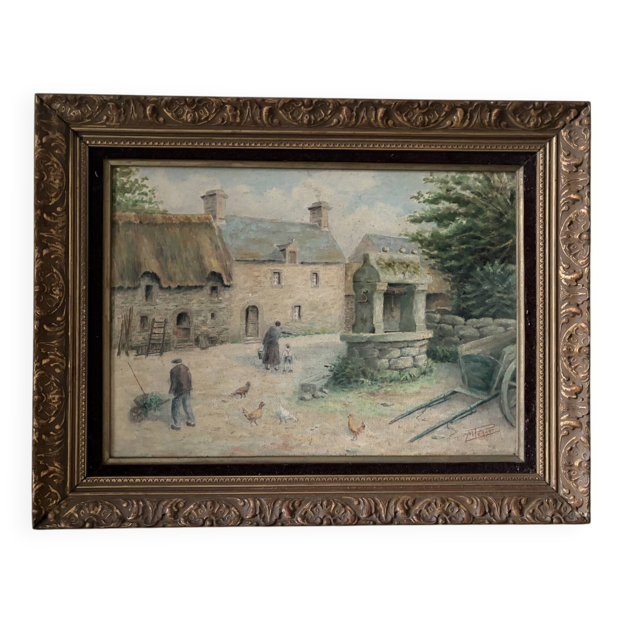 Oil on canvas "Village courtyard with chickens", signed.