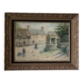 Village courtyard with chickens, oil on canvas signed