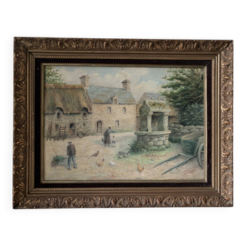 Oil on canvas "Village courtyard with chickens", signed.