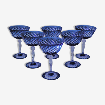 Cristal d'Arques - 6 Champagne Cups Blue Waltz - Double layer crystal