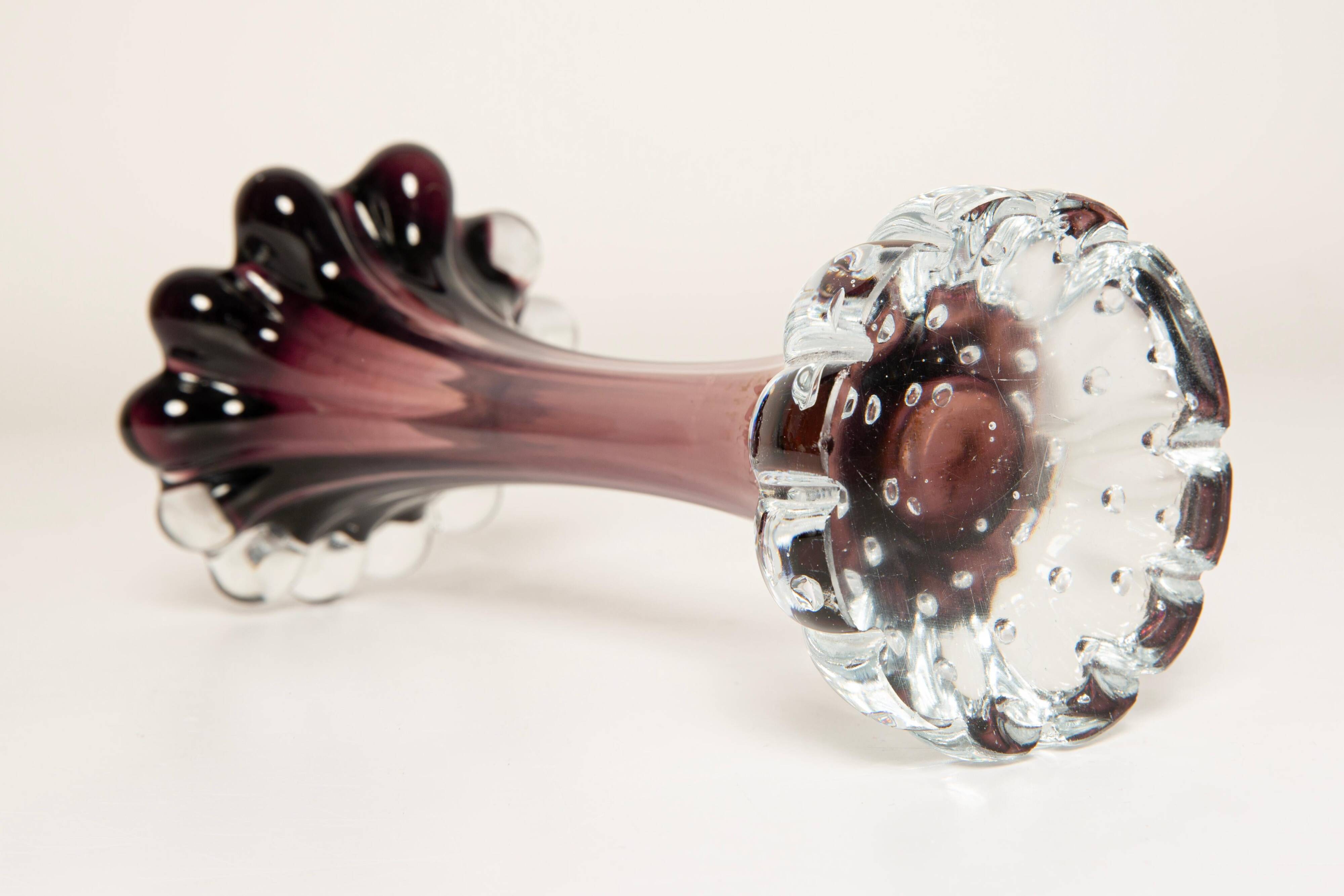 Thin small vintage purple glass vase from the mid-century, Europe, 1960s.