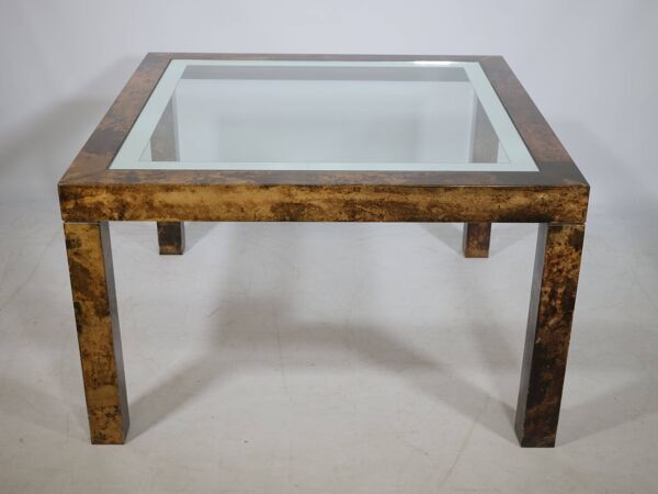 Table basse design Aldo Tura, en verre, cuir de chèvre et parchemin – Table d'appoint 1978