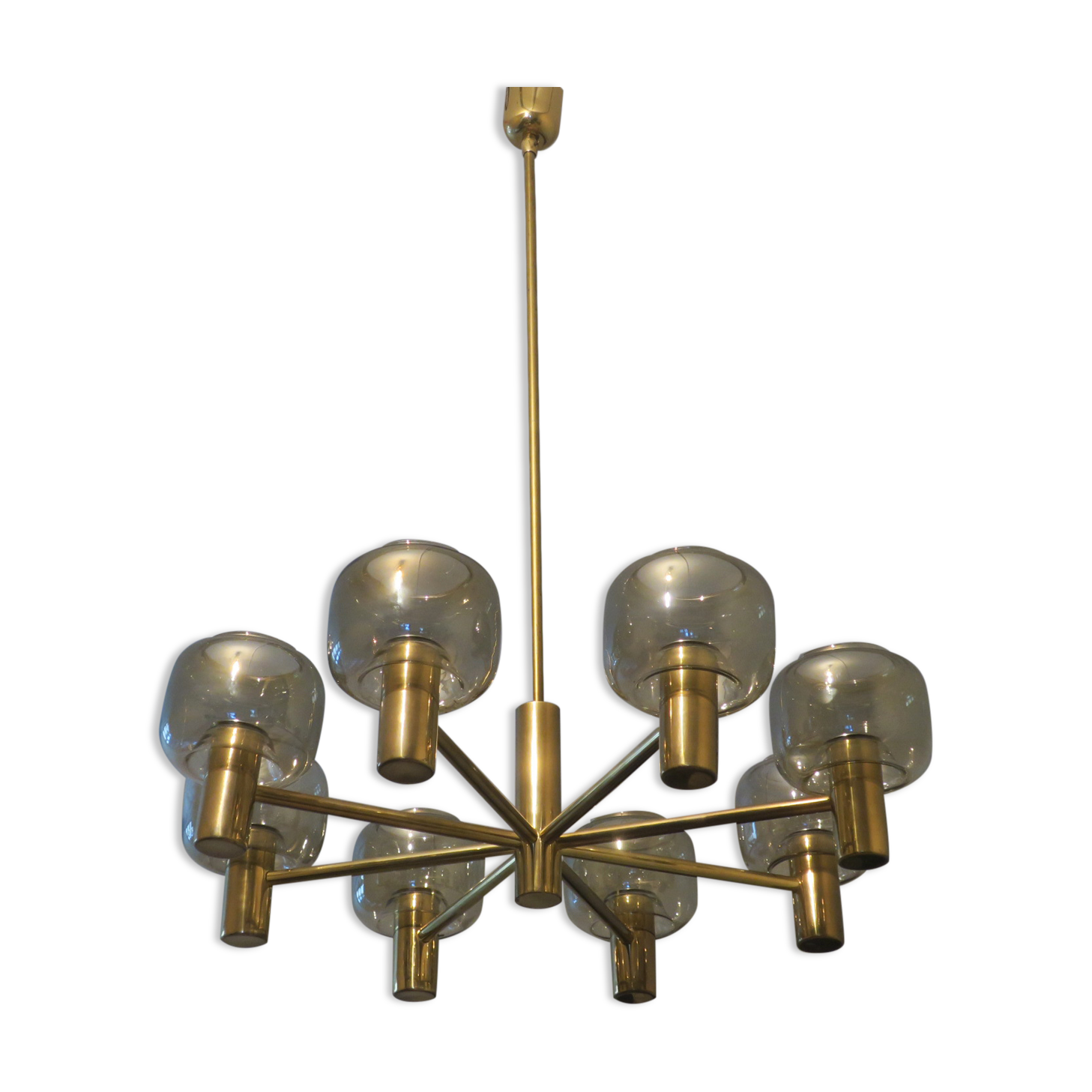 Mid-century 8-arm brass & glass chandelier