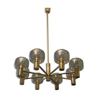 Mid-century 8-arm brass & glass chandelier