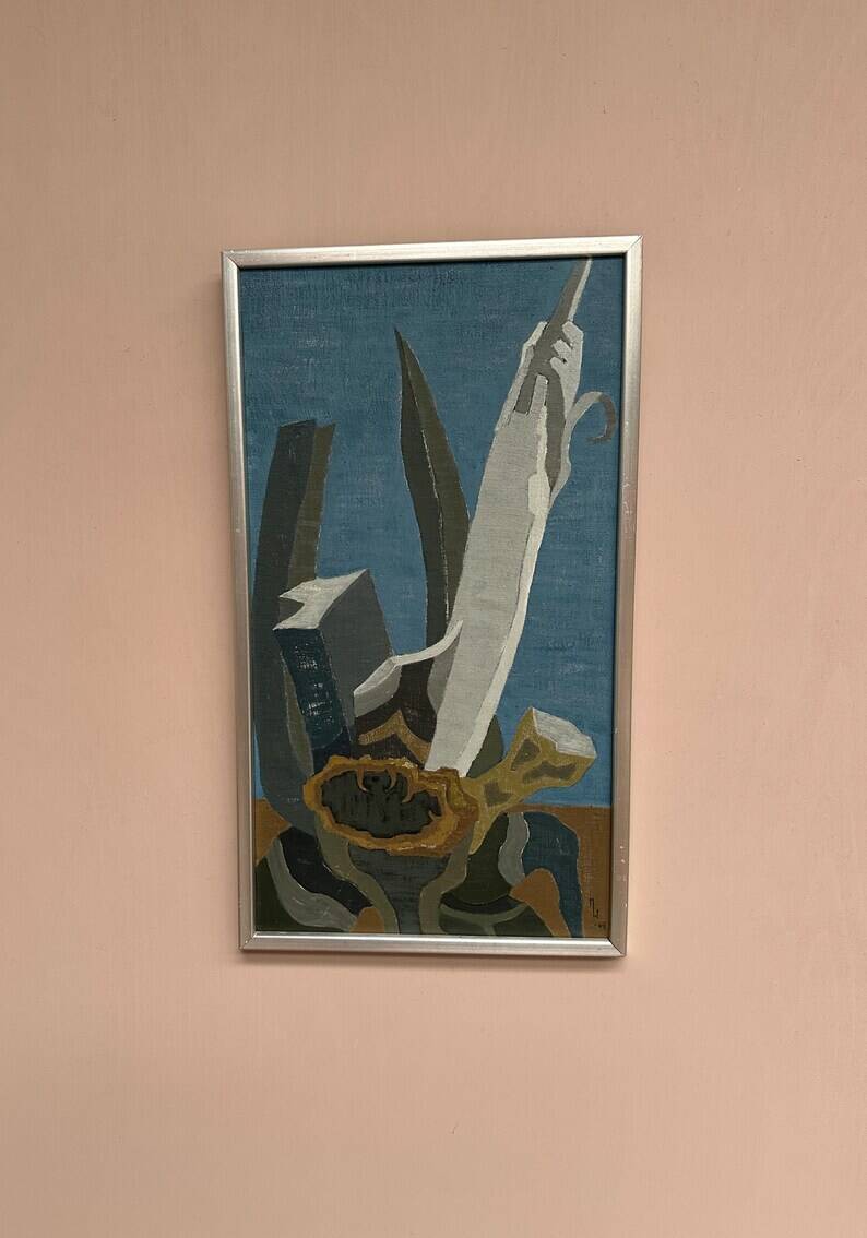 Original Swedish Oil on Canvas – "Aqave" by Marit Wahlström Schönbäck – Signed – Dated 1969 – Framed – 37 × 64 cm