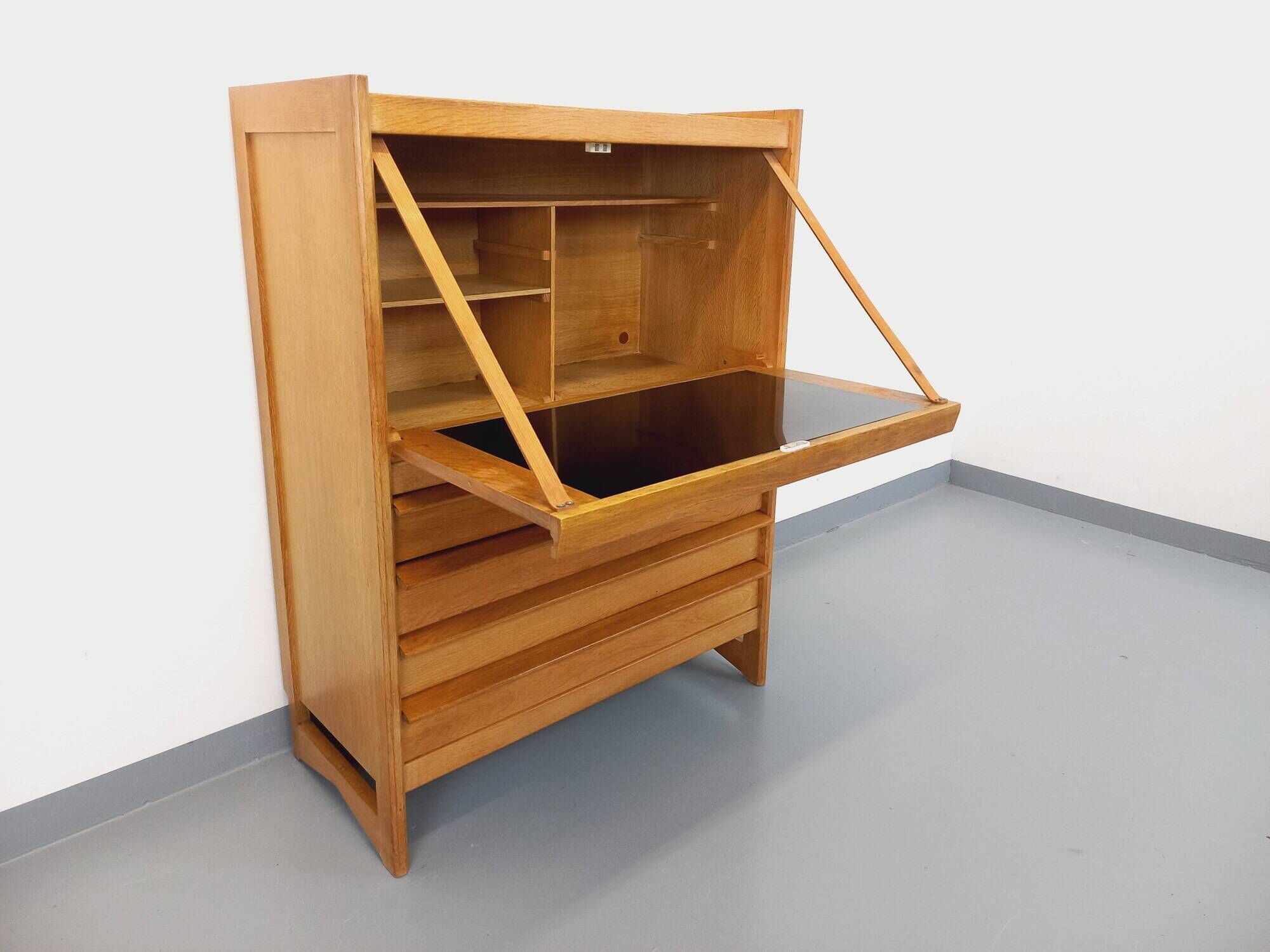 Vintage Guillerme and Chambron secretary desk in solid oak from the 50s and 60s