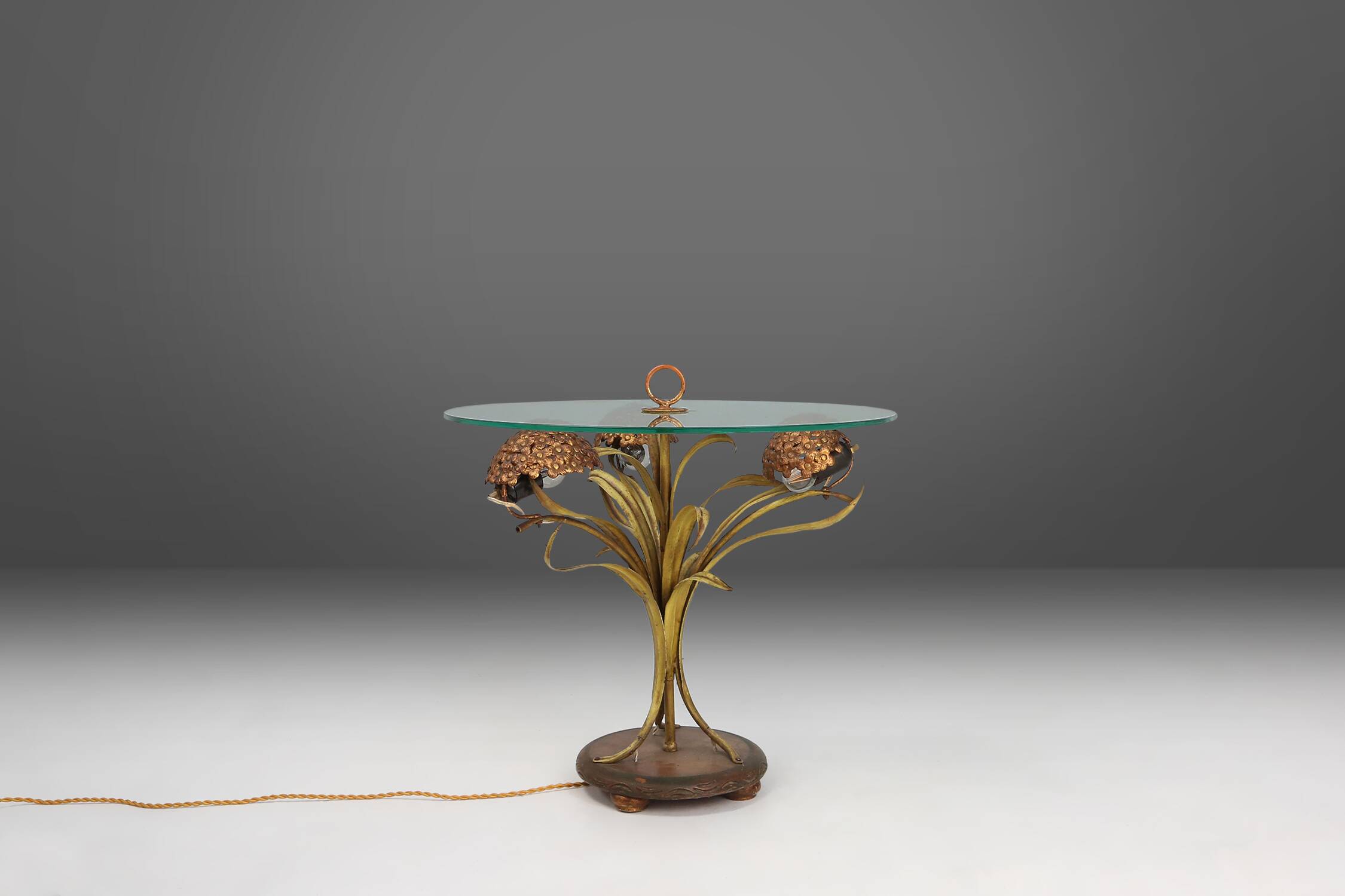 French Hollywood Regency style coffee table with lightning in brass flowers, 1950