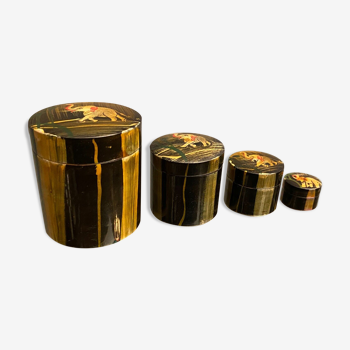 Suite of 4 cylindrical wooden nesting boxes decorated with Asian elephants